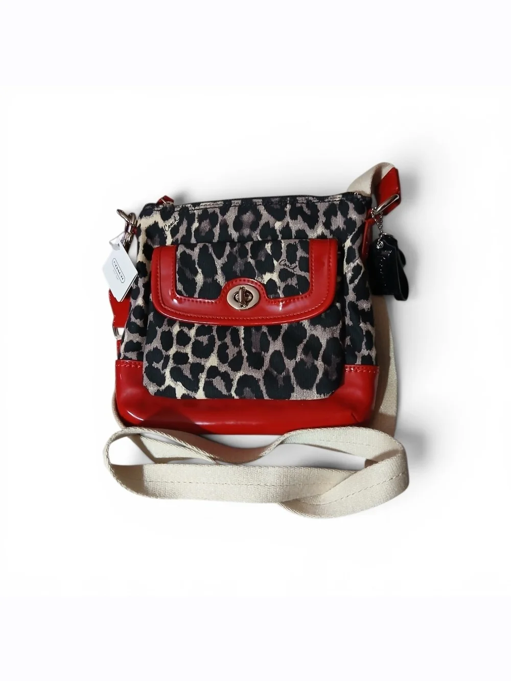 Coach Crossbody Ocelot Print with Red Patent Leather Trim NWT